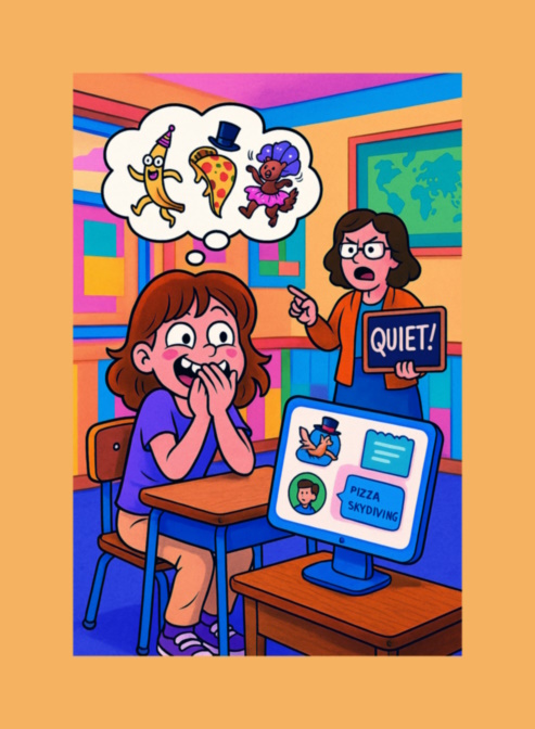 a school girl has a giggle fit while her teacher looks on scowling at her