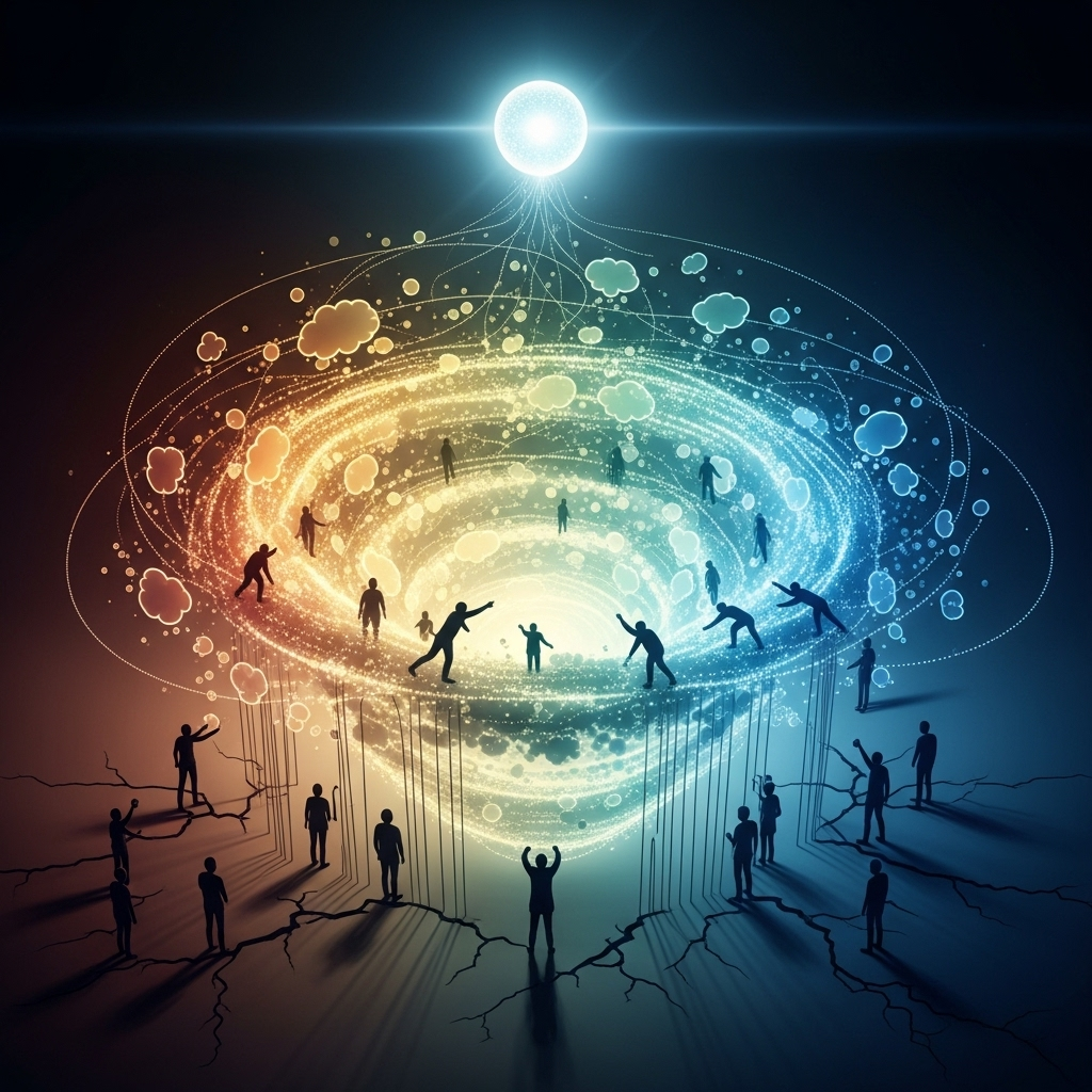 humans and AI dance in a circle