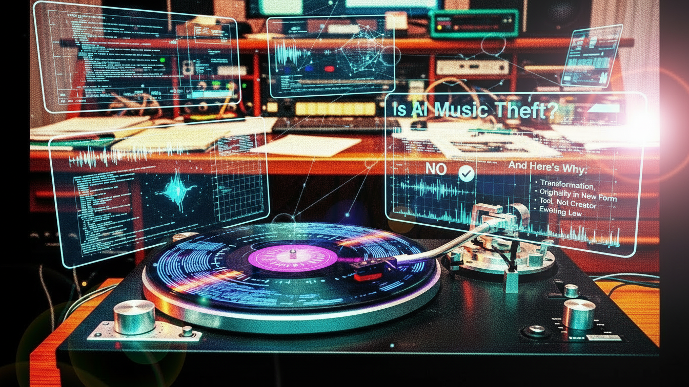 a record player with is ai music theft title